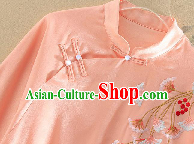 Chinese Traditional Tang Suit Embroidered Ginkgo Leaf Pink Shirt National Costume Qipao Upper Outer Garment for Women
