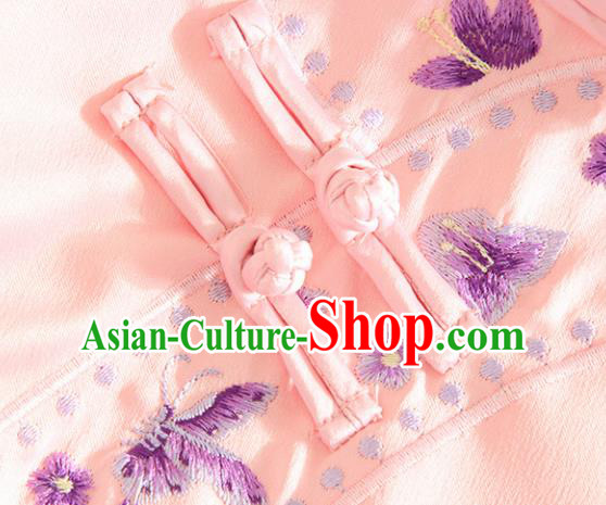 Chinese Traditional Tang Suit Embroidered Butterfly Pink Cheongsam National Costume Qipao Dress for Women