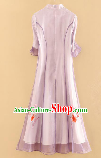 Chinese Traditional Tang Suit Embroidered Lotus Purple Cheongsam National Costume Qipao Dress for Women