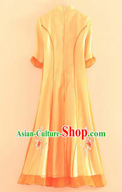 Chinese Traditional Tang Suit Embroidered Lotus Orange Cheongsam National Costume Qipao Dress for Women