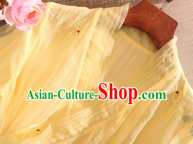 Chinese Traditional Tang Suit Embroidered Crane Yellow Organza Cheongsam National Costume Qipao Dress for Women