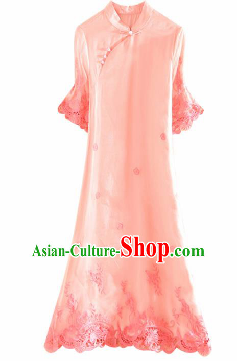 Chinese Traditional Tang Suit Embroidered Peach Pink Cheongsam National Costume Qipao Dress for Women