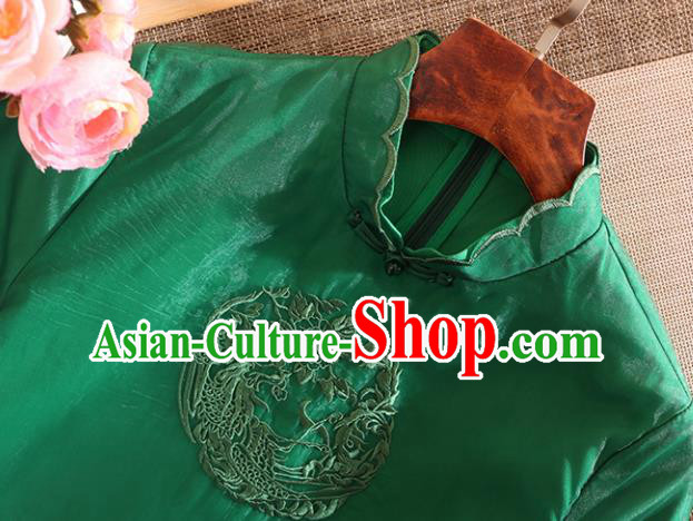 Chinese Traditional Tang Suit Embroidered Phoenix Green Cheongsam National Costume Qipao Dress for Women