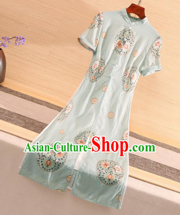 Chinese Traditional Tang Suit Embroidered Light Green Silk Cheongsam National Costume Qipao Dress for Women