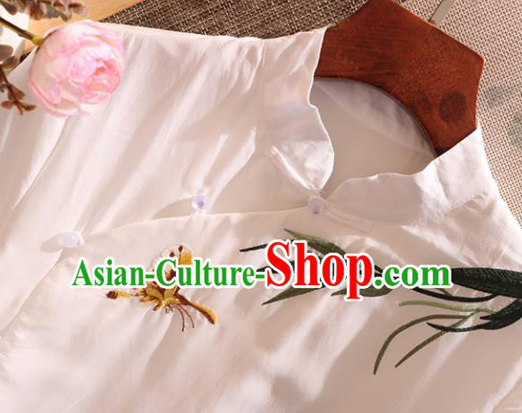 Chinese Traditional Tang Suit Embroidered Bamboo White Cheongsam National Costume Qipao Dress for Women