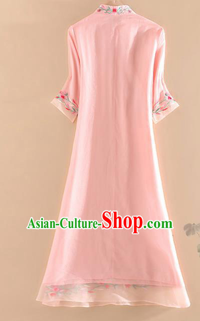 Chinese Traditional Tang Suit Embroidered Flowers Pink Cheongsam National Costume Qipao Dress for Women