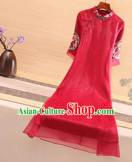 Chinese Traditional Tang Suit Embroidered Red Organza Cheongsam National Costume Qipao Dress for Women