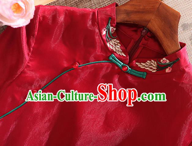 Chinese Traditional Tang Suit Embroidered Red Organza Cheongsam National Costume Qipao Dress for Women