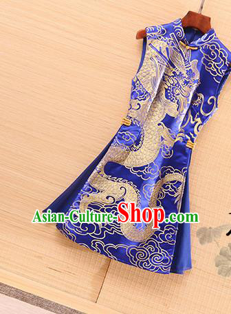 Chinese Traditional Tang Suit Royalblue Brocade Cheongsam National Costume Qipao Dress for Women