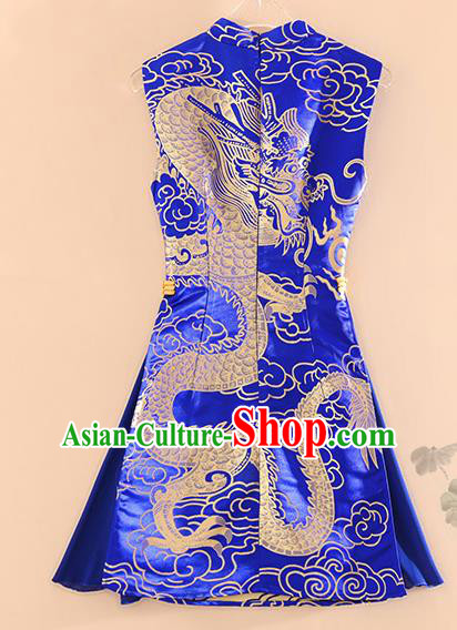 Chinese Traditional Tang Suit Royalblue Brocade Cheongsam National Costume Qipao Dress for Women