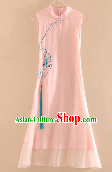 Chinese Traditional Tang Suit Embroidered Butterfly Plum Pink Cheongsam National Costume Qipao Dress for Women
