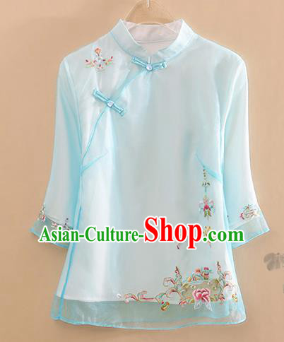 Chinese Traditional Tang Suit Embroidered Blue Organza Blouse National Costume Qipao Upper Outer Garment for Women