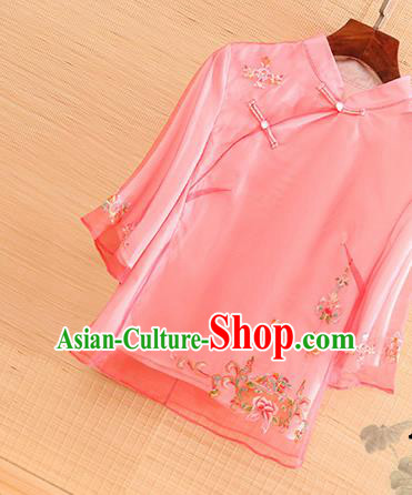 Chinese Traditional Tang Suit Embroidered Peach Pink Organza Blouse National Costume Qipao Upper Outer Garment for Women
