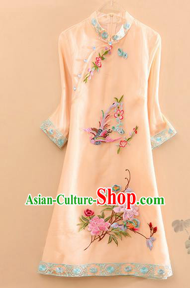 Traditional Chinese Tang Suit Embroidered Phoenix Peony Beige Cheongsam National Costume Qipao Dress for Women