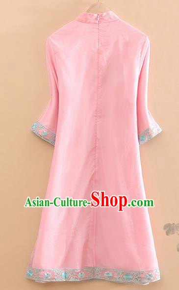 Traditional Chinese Tang Suit Embroidered Phoenix Peony Pink Cheongsam National Costume Qipao Dress for Women