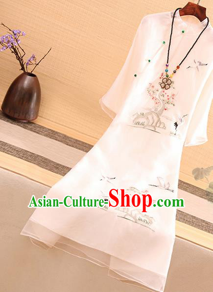 Traditional Chinese National Embroidered Pine Cranes White Qipao Dress Tang Suit Cheongsam Costume for Women