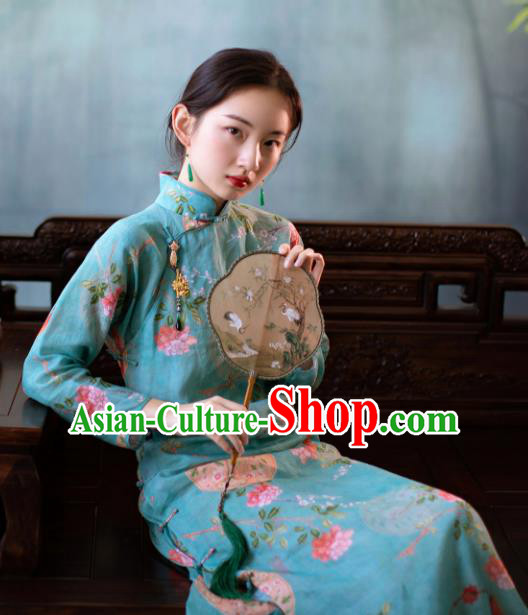 Traditional Chinese National Printing Blue Flax Qipao Dress Tang Suit Cheongsam Costume for Women