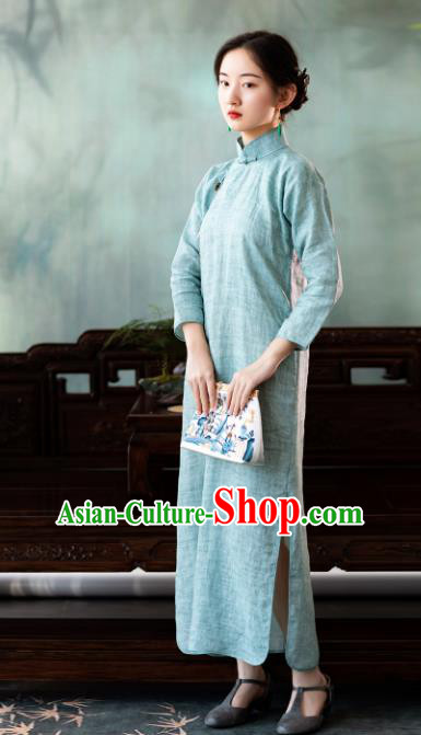 Traditional Chinese National Light Blue Flax Qipao Dress Tang Suit Cheongsam Costume for Women