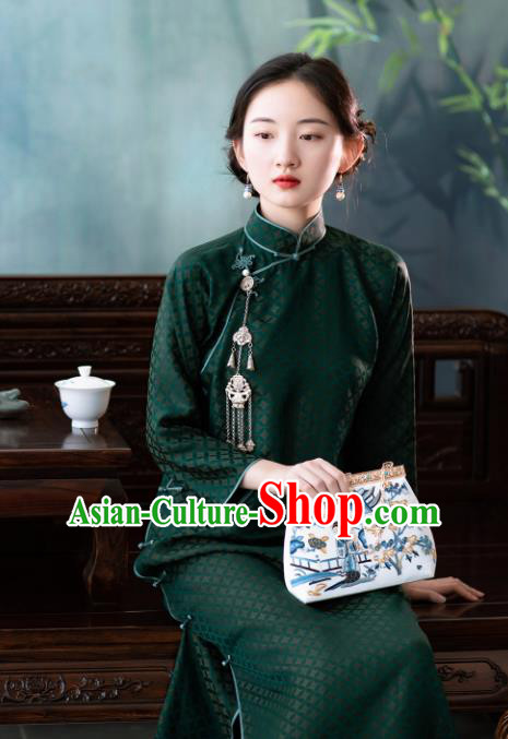 Traditional Chinese National Atrovirens Qipao Dress Tang Suit Cheongsam Costume for Women