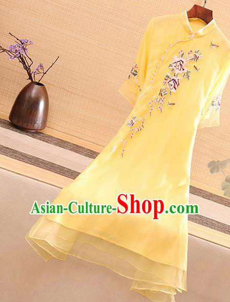 Traditional Chinese National Embroidered Peony Yellow Qipao Dress Tang Suit Cheongsam Costume for Women