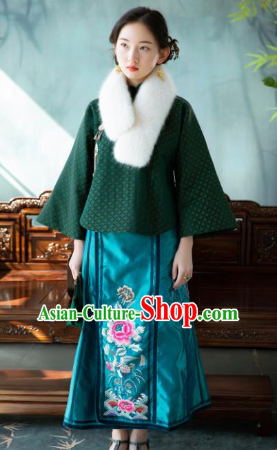 Chinese Traditional Tang Suit Green Silk Jacket National Costume Republic of China Qipao Upper Outer Garment for Women