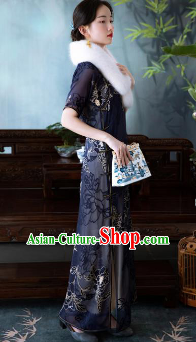 Traditional Chinese National Blue Velvet Qipao Dress Tang Suit Cheongsam Costume for Women
