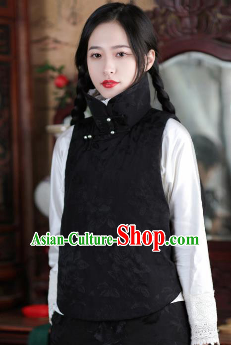 Chinese Traditional Black Brocade Cotton Wadded Vest National Costume Tang Suit Waistcoat for Women