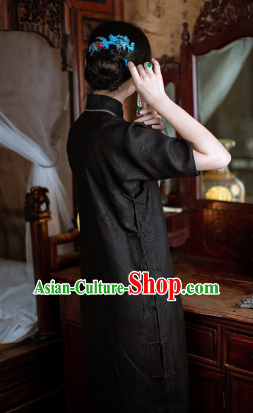 Traditional Chinese National Black Silk Qipao Dress Tang Suit Cheongsam Costume for Women