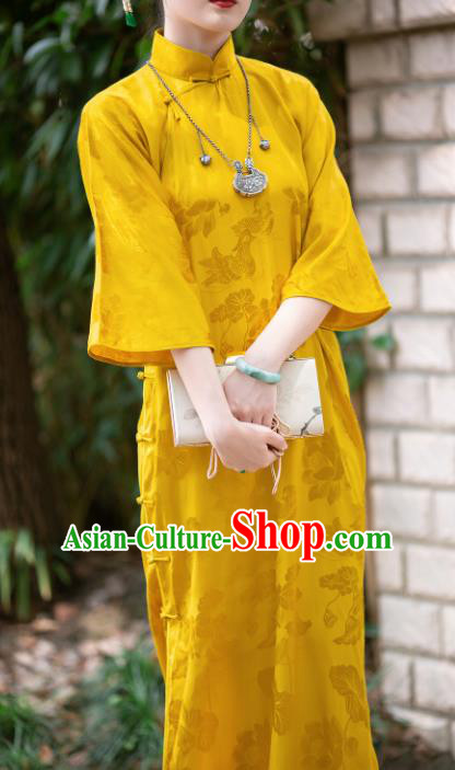 Traditional Chinese National Yellow Silk Qipao Dress Tang Suit Cheongsam Costume for Women