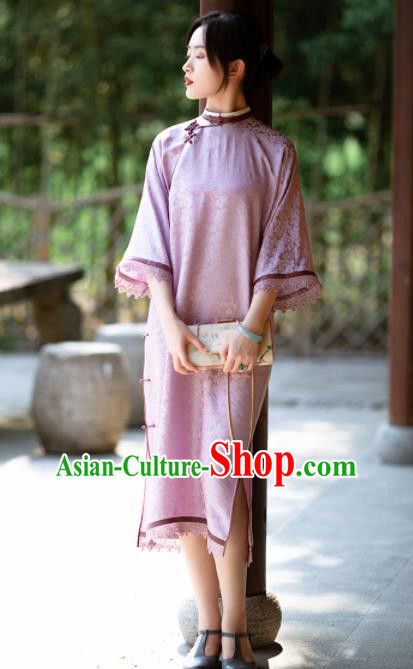 Traditional Chinese National Lilac Lace Qipao Dress Tang Suit Cheongsam Costume for Women