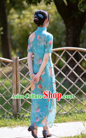 Traditional Chinese National Printing Plum Green Flax Qipao Dress Tang Suit Cheongsam Costume for Women