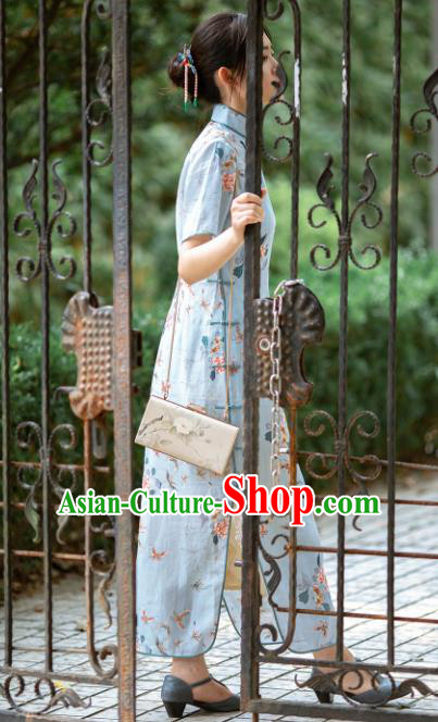 Traditional Chinese National Printing Butterfly Light Blue Flax Qipao Dress Tang Suit Cheongsam Costume for Women