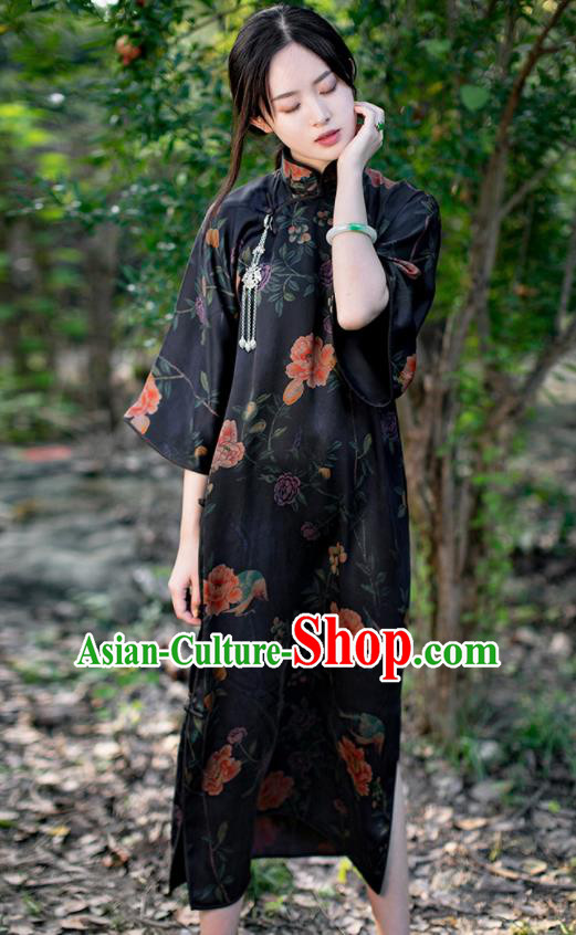 Traditional Chinese National Printing Peony Black Silk Qipao Dress Tang Suit Cheongsam Costume for Women