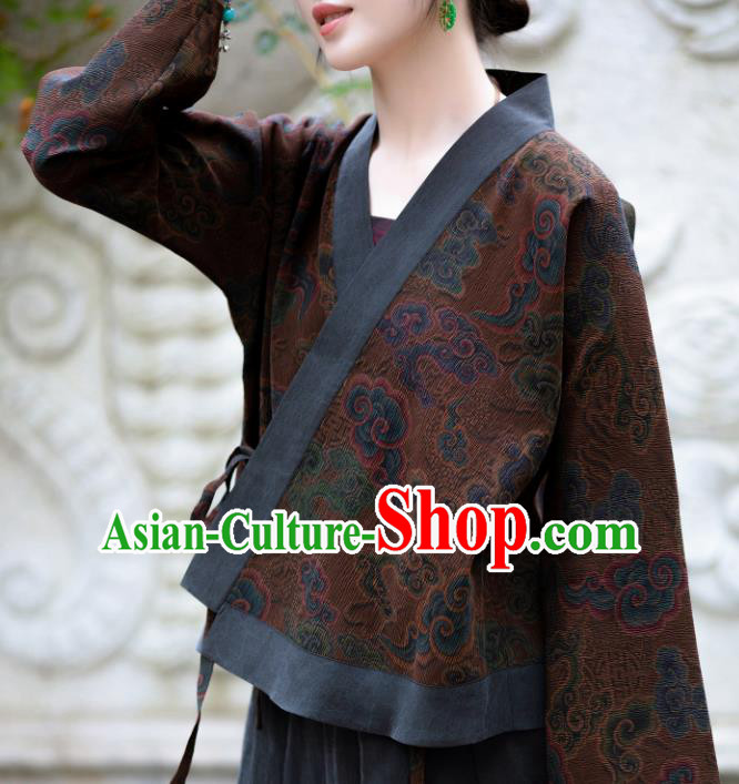 Chinese Traditional Tang Suit Printing Brown Silk Blouse National Costume Republic of China Qipao Upper Outer Garment for Women