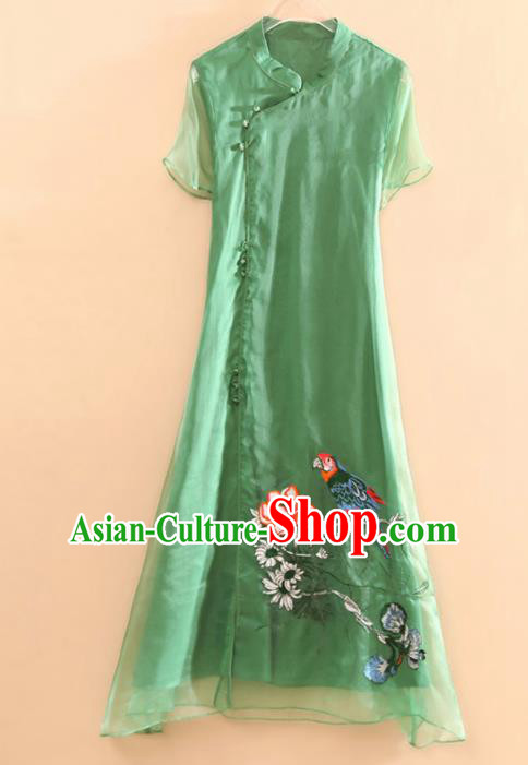 Traditional Chinese National Embroidered Magpie Green Qipao Dress Tang Suit Cheongsam Costume for Women