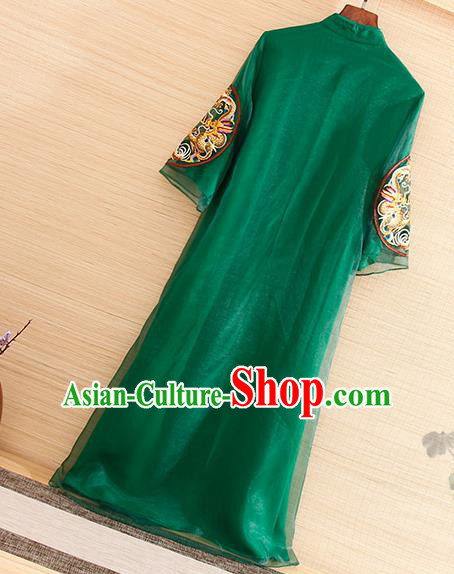 Traditional Chinese National Embroidered Dragon Green Organza Qipao Dress Tang Suit Cheongsam Costume for Women