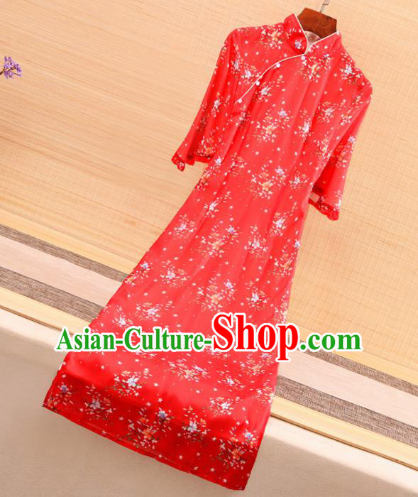 Chinese Traditional Tang Suit Printing Red Cheongsam National Costume Qipao Dress for Women