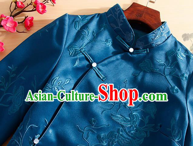 Traditional Chinese National Embroidered Peacock Blue Qipao Dress Tang Suit Cheongsam Costume for Women