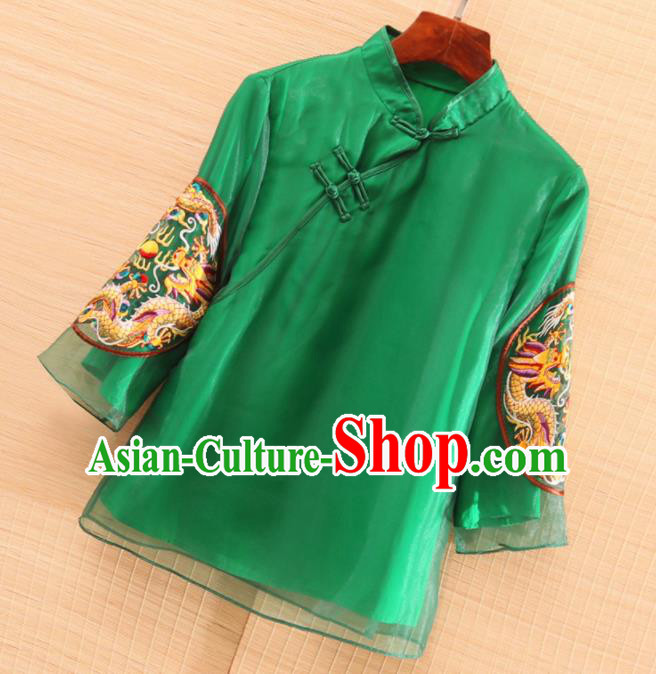 Chinese Traditional Tang Suit Embroidered Dragon Green Organza Blouse National Costume Qipao Upper Outer Garment for Women