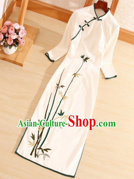 Traditional Chinese National Embroidered Bamboo White Qipao Dress Tang Suit Cheongsam Costume for Women