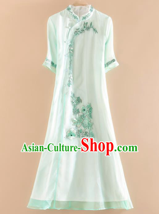 Chinese Traditional Tang Suit Embroidered Light Green Cheongsam National Costume Qipao Dress for Women