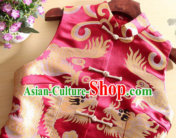 Chinese Traditional Wine Red Brocade Vest National Dress Tang Suit Waistcoat for Women