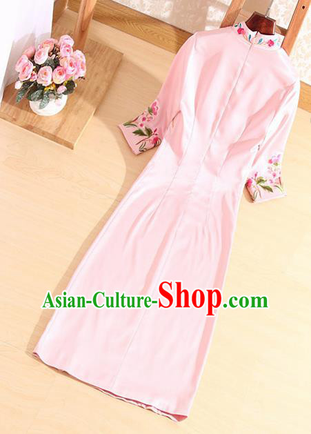 Traditional Chinese National Embroidered Peacock Peony Pink Qipao Dress Tang Suit Cheongsam Costume for Women