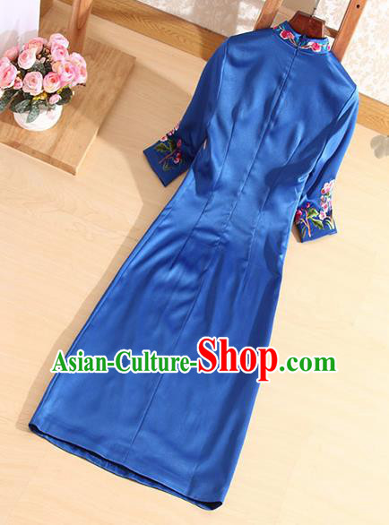 Traditional Chinese National Embroidered Peacock Peony Royalblue Qipao Dress Tang Suit Cheongsam Costume for Women