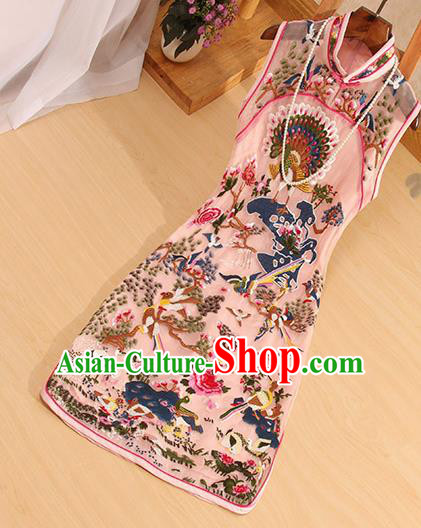 Traditional Chinese National Embroidered Peacock Birds Pink Qipao Dress Tang Suit Cheongsam Costume for Women