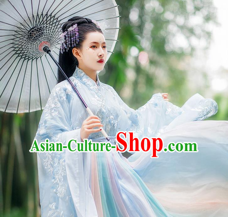 Traditional Chinese Jin Dynasty Imperial Consort Blue Hanfu Dress Ancient Royal Princess Historical Costumes for Women