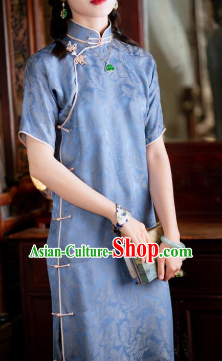 Traditional Chinese National Lake Blue Silk Qipao Dress Tang Suit Cheongsam Costume for Women