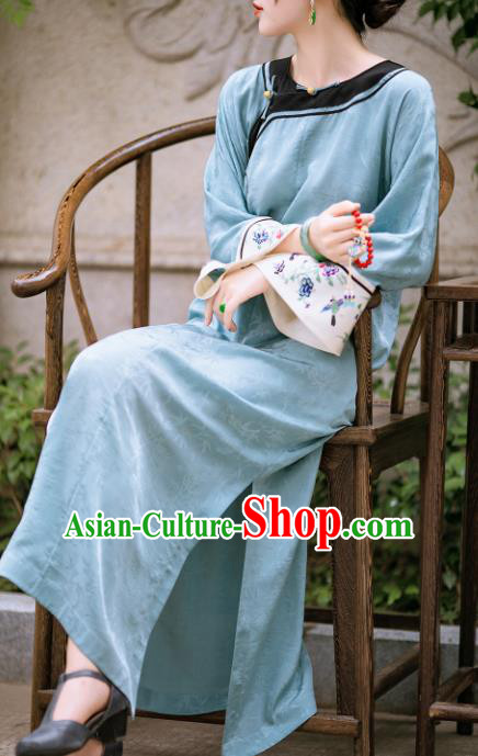 Traditional Chinese Late Qing Dynasty Blue Qipao Dress National Tang Suit Cheongsam Costume for Women