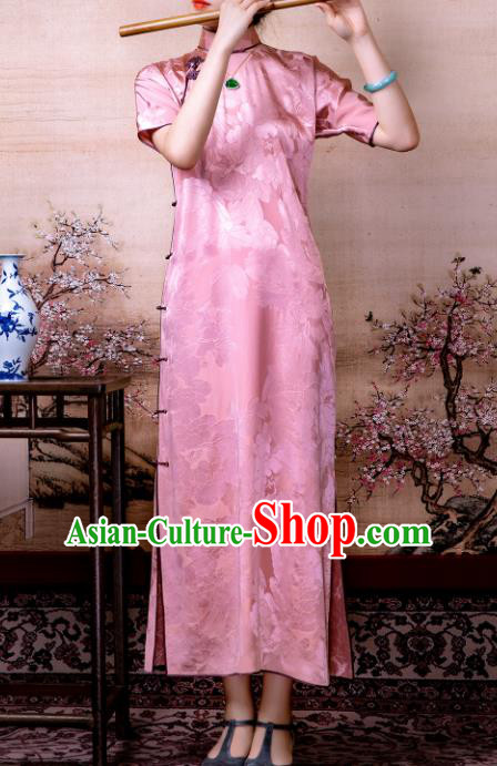 Traditional Chinese Late Qing Dynasty Deep Pink Silk Qipao Dress National Tang Suit Cheongsam Costume for Women