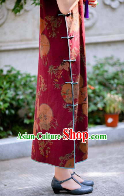 Traditional Chinese Late Qing Dynasty Printing Wine Red Silk Qipao Dress National Tang Suit Cheongsam Costume for Women